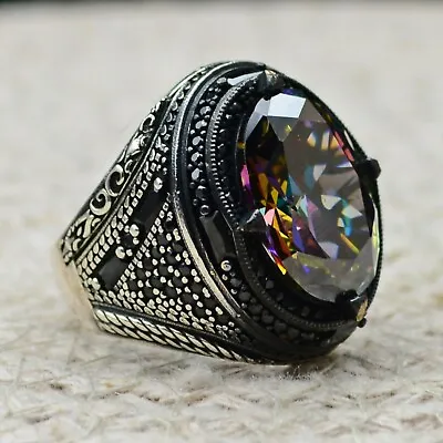 Solid 925 Sterling Silver Turkish Jewelry Mystic Topaz Men's Ring All Size • £50.12
