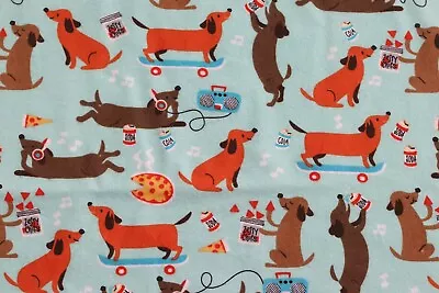 Blue Dachshund Wiener Dog Doxies Snack Skate Cotton Flannel Fabric By Half-yard • $11.50