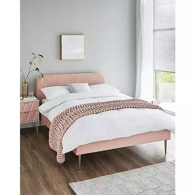 Arden Pink Velvet Quilted Double Bed Frame Metal Gold Legs Flat Packed • £159.99