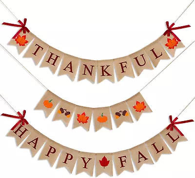 3 Pieces Happy Fall Thankful Burlap Banner Thanksgiving Fall Harvest Autumn Deco • $34.59