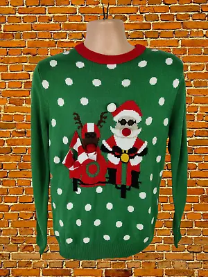 Mens Next Size Medium M Green Xmas Santa Motorbike Knit Festive Jumper Pullover • £11.99