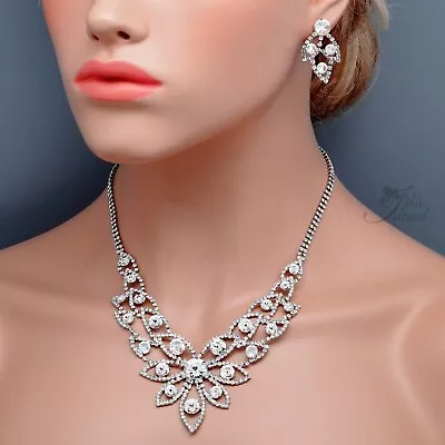 Women Rhodium Plated Necklace Earrings Jewelry Set Made With Swarovski Crystal 1 • $39.99