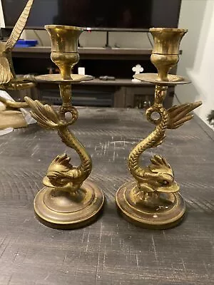 $10 • Buy Vintage Brass Candlesticks Koi Fish Sea Serpent Dragon Dolphins