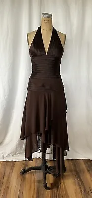 BCBG Silk Vintage Brown Halter Dress W Cascading Ruffles Size XS • $53