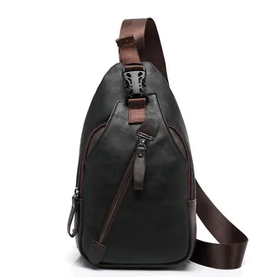 Men's Leather Sling Pack Chest Shoulder Crossbody Bag Backpack Biker Satchel • $14.39