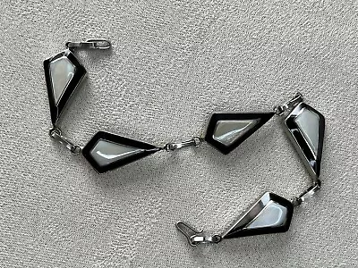 Vintage Black Onyx Mother Of Pearl Silver Tone Geometric Link Bracelet Mexican? • £11.25