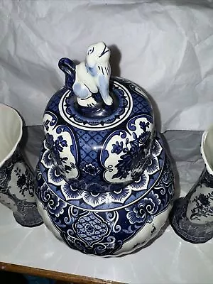 DELFT PAIR OF XL GINGER JARS LIDDED VASES By BOCH ROYAL SPHINX HOLLAND • $99.99