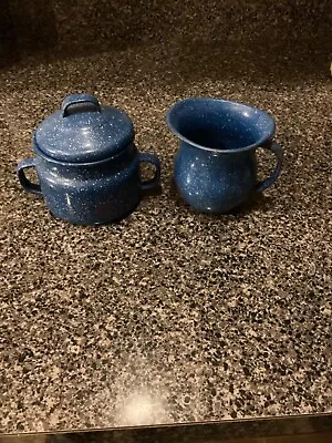 Vintage Enamelware Blue Speckle Metal Creamer And Sugar Bowl With Lid • $20