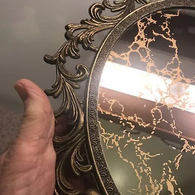 Vintage Italian Oval Mirror Ornate Filigree Gold Metal Picture Frame • $45