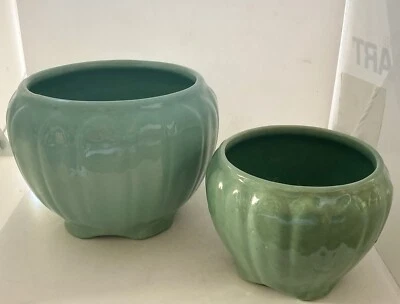 $68 • Buy Antique 2 Rare Zanesville Pottery Arts&Crafts Jade & Teal Jardiniere Planters