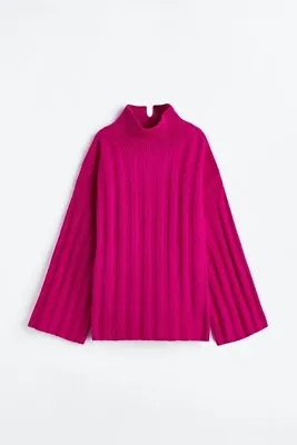 NWT H&M Oversized 100% Pure Wool Sweater High Mock Neck Cerise Pink Size XL • $74.99