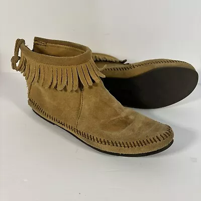 Vintage Minnetonka 287 Brown Suede Zip Fringe Moccasin Ankle Booties 8 • $20
