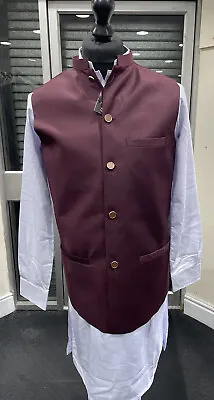 Mens Eid Party Wedding Waistcoat Nehru Jacket Maroon Suiting Plain Fabric Indian • £29.99