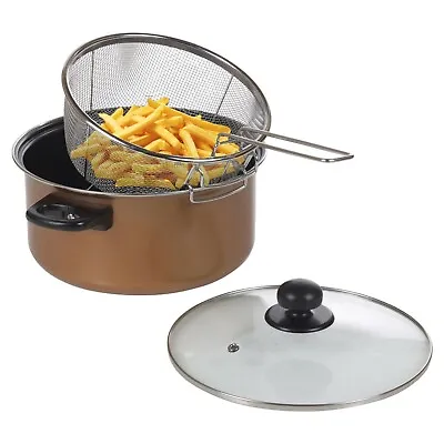 £11.99 • Buy Stove Top Chip Deep Pan Fat Fryer Set Copper Look Frying Basket Clear Glass Lid