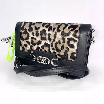 Michael Kors Phone Bag Crossbody Heather Small Chain Black Leather Leopard  B2C • $139.99