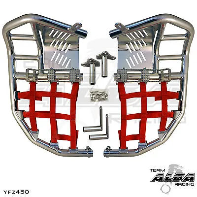 Yamaha YFZ 450  Nerf Bars  Pro Peg Heel Guard  Alba Racing  Silver Red 199 T7 SR • $218