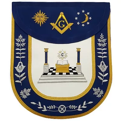 Master Mason Blue Lodge Apron – Altar Sun Moon & Pillars (DHL Or UPS Shipping) • $139.99