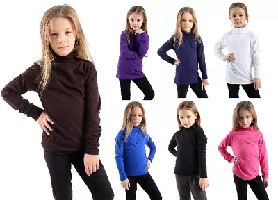 Kids Girls Boys High Turtle Polo Neck Plain Long Sleeve Tops Jumper Shirt • £4.99