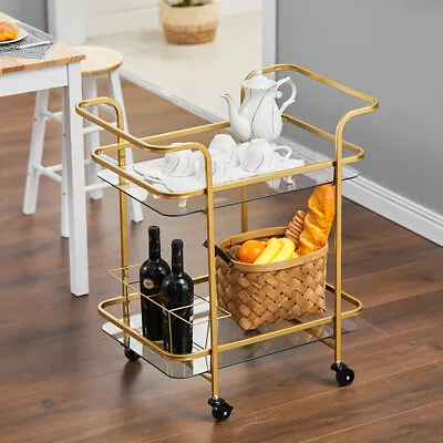 £48.99 • Buy Glass Gold Drinks Trolley 2Tier Art Deco Vintage Home Bar Cart Kitchen W/ Handle