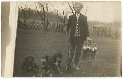 Rabbit Hunter With Shotgun & Hunting Dogs RPPC Real Photo Postcard C.1910 • $8.99