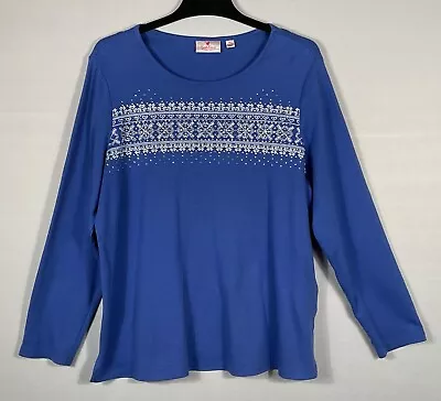 Quacker Factory Top Womens XL Blue Snowflakes Rhinestones Long Sleeves Pullover • $22.48