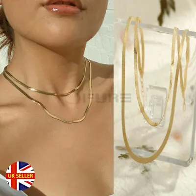 Double Layer Necklace Choker Gold Filled Flat Herringbone Snake Chain Jewellery • £4.99