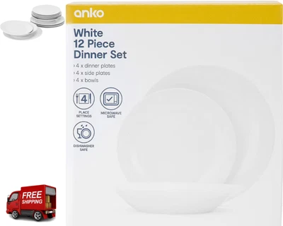 $8.79 • Buy 12 Piece White Dinner Set: 4x Dinner Plates 4x Side Plates 4x Bowls Dining White
