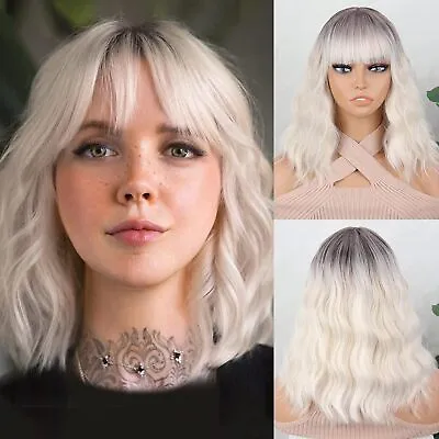 Short Ombre Blonde Wigs Wavy Bob Wig With Bangs Women HalloweenFashion Blonde  • $18.59