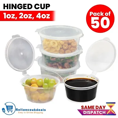 50 X Round Plastic Food Container Hinged Lids Sauce Deli Pots Clear Chutney Tubs • £7.99