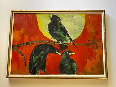 Wong Painting Vintage 1960’s Mid Century Modern Chinese Expressionism Birds Oil • $1700