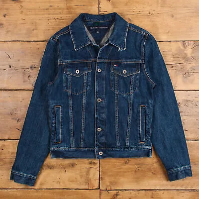 Vintage Tommy Hilfiger Denim Jacket S Oversized Dark Wash Trucker Jean Blue • £29.99