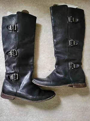 FRYE Women's Black Pre-owned Paige Tall Buckle Leather Boots Size 8.5B • $45