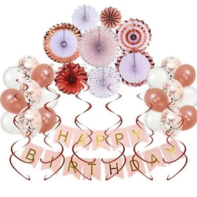 Rose Gold Birthday Decorations Set Birthday Banner Confetti Balloons Men Women • $23.45