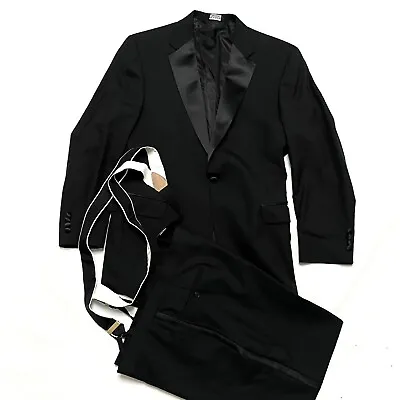 Jos A Bank 44 Tuxedo Suit Mens Classic Jacket Black Wool Pants Formal • $64