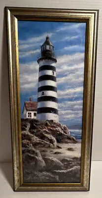 Framed Lighthouse On Rocks Art Print 10  X 22  By T.C. Chiu  • $31