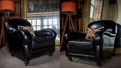 PAIR Of HALO BLACK STUD BIKER LEATHER FLEA MARKET DECO CHESTERFIELD CLUB CHAIRS • £1450