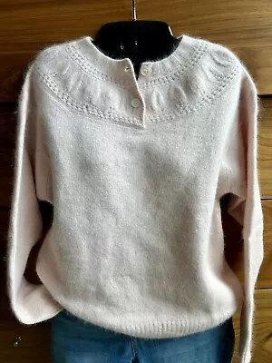 Vintage Soft Pink Lambswool & Angora Sweater Beautiful Leaf Patterned Yoke • $28