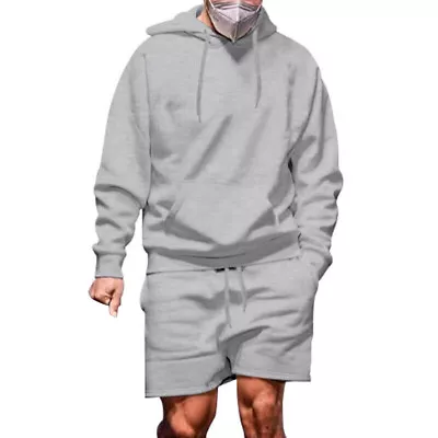 2Pc Mens Long Sleeve Hoodie+Shorts Baggy Solid Outfit Suit Tracksuit Set Casual • $23.92