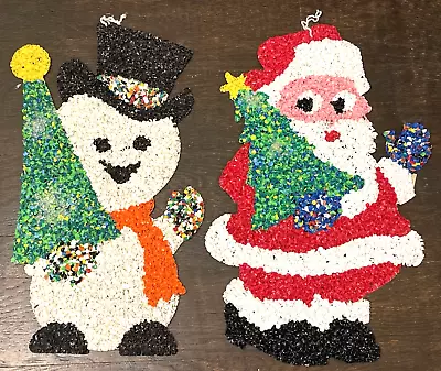 Vintage Christmas Melted Plastic Popcorn Decoration Santa Claus & Frosty Snowman • $35