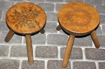 Vintage Set Of 2 Hand-Made 'Workshop Wales' Tooled Leather Oak Milking Stools • $292.59