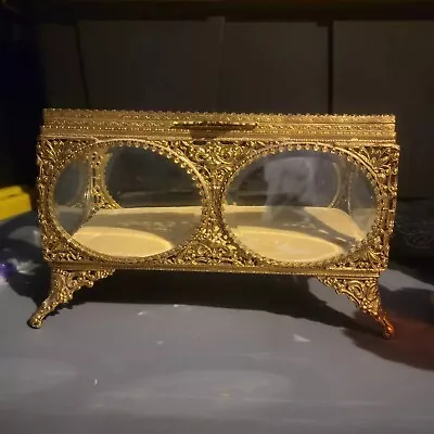 Vintage Rectangular Gold Ormolu 6 Beveled Glass Windows Jewelry Box Casket EUC • $161.93