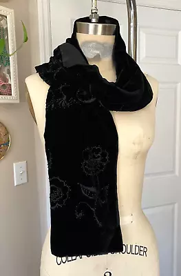 BLOOMINGDALES Black SILK Velvet Embroidered Shawl Neck Warmer Hair Wrap • $10