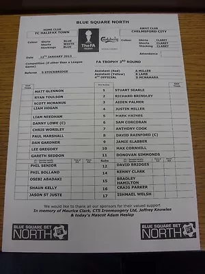 12/01/2013 Teamsheet: FC Halifax Town V Chelmsford City [FA Trophy] (folded). Bo • £3.99