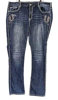 Cowgirl Tuff Fly Blue Jeans 40x33 Distressed Stretch Western Feather Arrow • $22.29