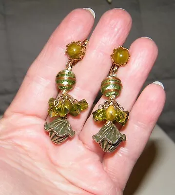 Vintage VENDOME GREEN ART GLASS CLIP ON DESIGNER EARRINGS Long Dangles~Goldtone • $39.95