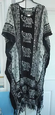 New Sante  100% Rayon Mumu Kaftan Caftan House Dress Black & White Elephants  • $24.99