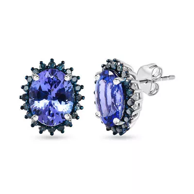 TJC AAA Tanzanite Halo Stud Earrings In 14ct White Gold Blue Diamond TCW 5.43ct • £2529.99