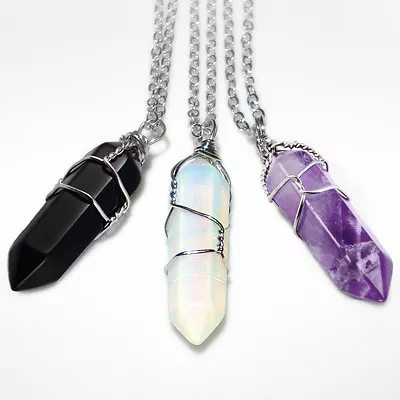 Wire-Wrapped Crystal Necklace Gemstone Pendant With Chain Opalite Onyx Amethyst • $7.98