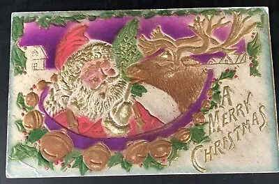 $29.19 • Buy Christmas Postcard Santa Claus Reindeer Antique 1913 Tinted DEEP EMBOSSED VTG 