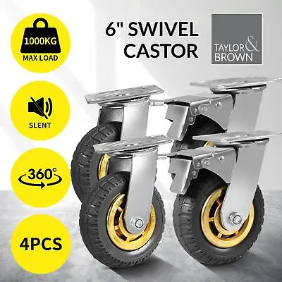 4 X Heavy Duty 150mm Rubber Swivel Castor Wheels With Brake Trolley Furniture • £39.95